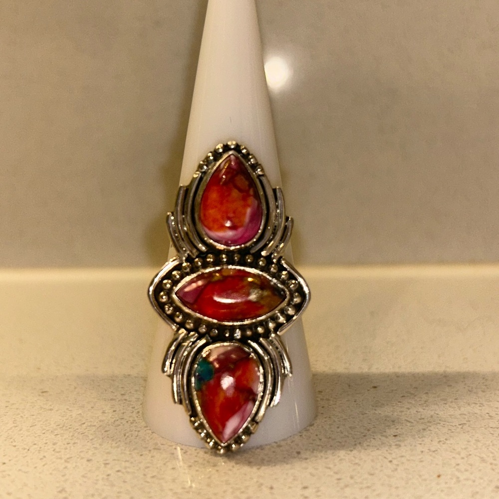 3 Pink Dahlia Turquoises Natural Stones Stacked on.925 Sterling Silver. - Picture 2 of 2